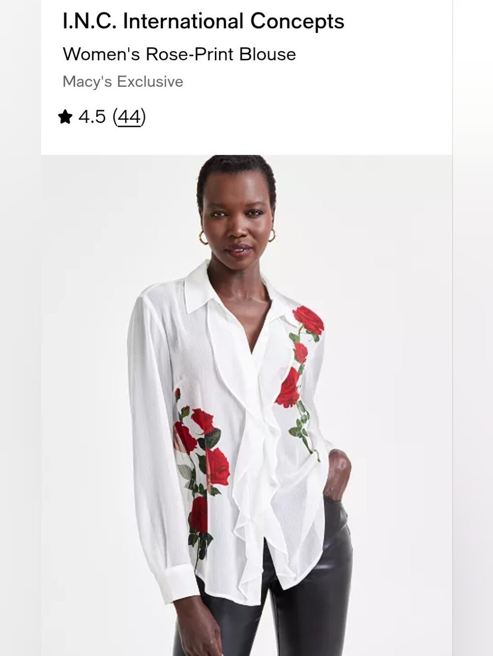 I.N.C. Rose-Print White Ruffle Blouse